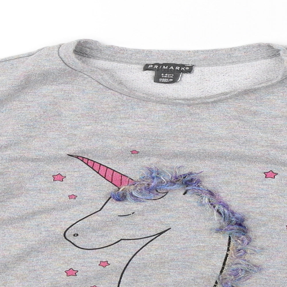 Primark Girls Grey   Pullover Jumper Size 5-6 Years  - unicorn