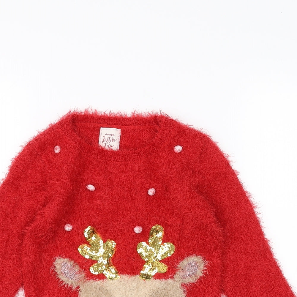 George Girls Red   Pullover Jumper Size 5-6 Years  - Christmas