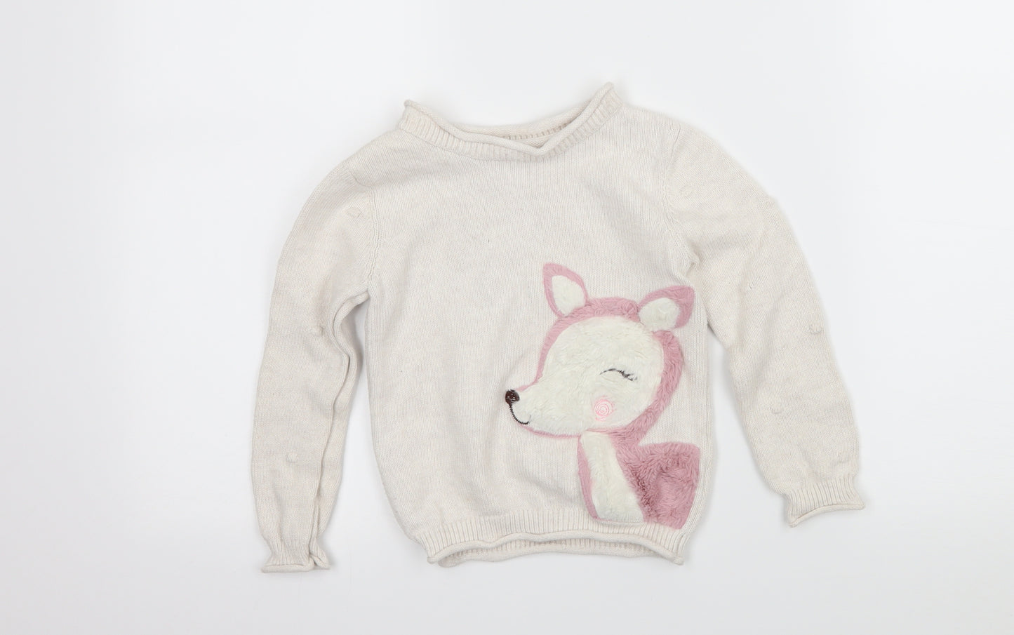 Nutmeg Girls Ivory  Knit Pullover Jumper Size 4-5 Years  - Fox