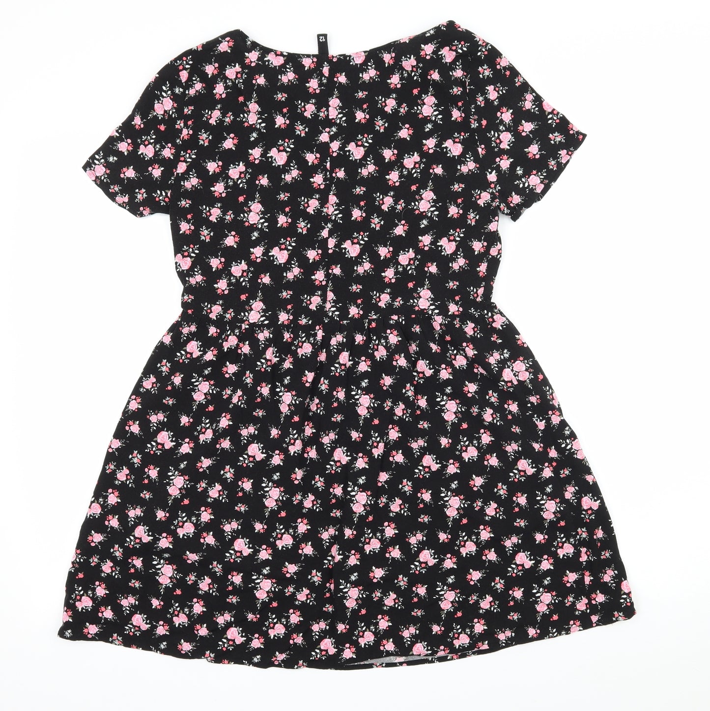 H&M Womens Black Floral  Skater Dress  Size 12