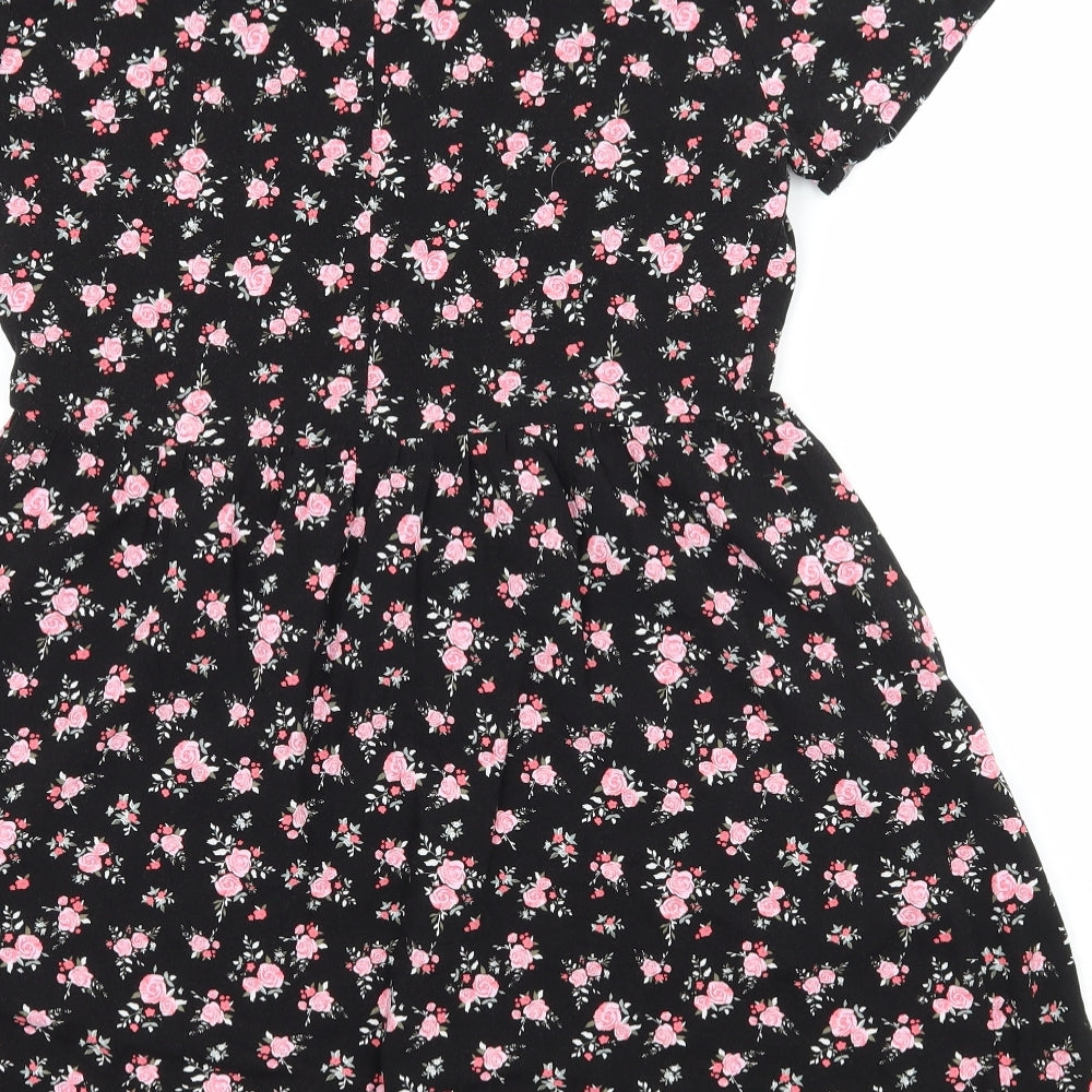 H&M Womens Black Floral  Skater Dress  Size 12