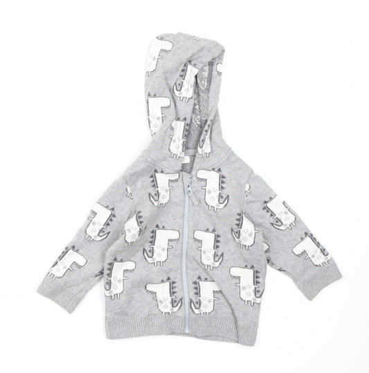 Front view of Next boys’ grey knit full zip jumper, size 6-9, months - dinosaur print