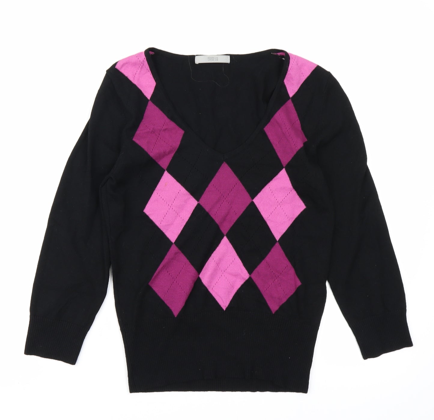 Marks & Spencer Womens Black Argyle/Diamond  Pullover Jumper Size 8