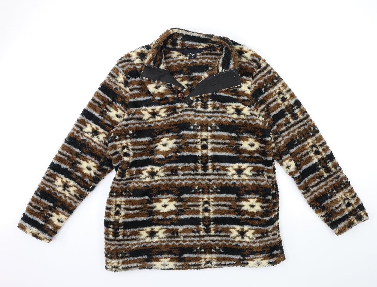 Cotton Traders Mens Brown Striped Fleece Pullover Jumper Size M