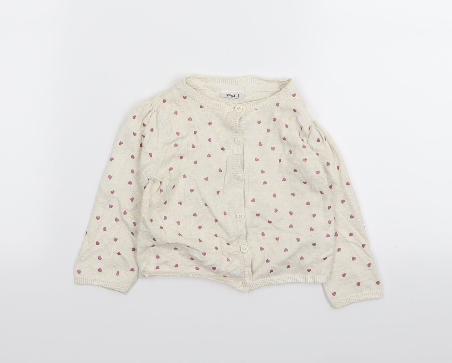 F&F Girls Beige   Cardigan Jumper Size 9-12 Months  - Heart Detail