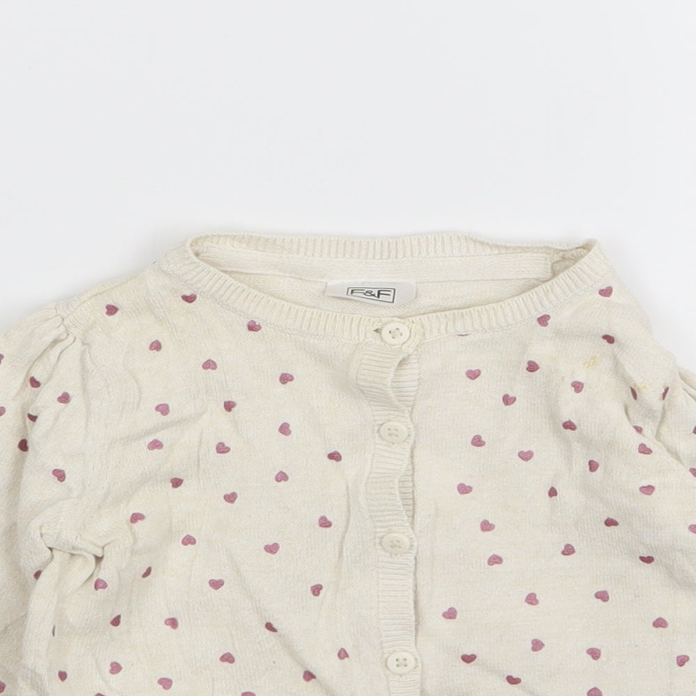 F&F Girls Beige   Cardigan Jumper Size 9-12 Months  - Heart Detail