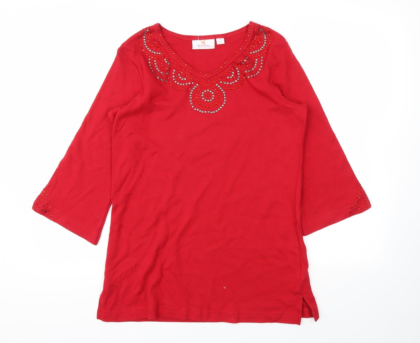 Quacker Factory Womens Red Geometric  Basic T-Shirt Size XS
