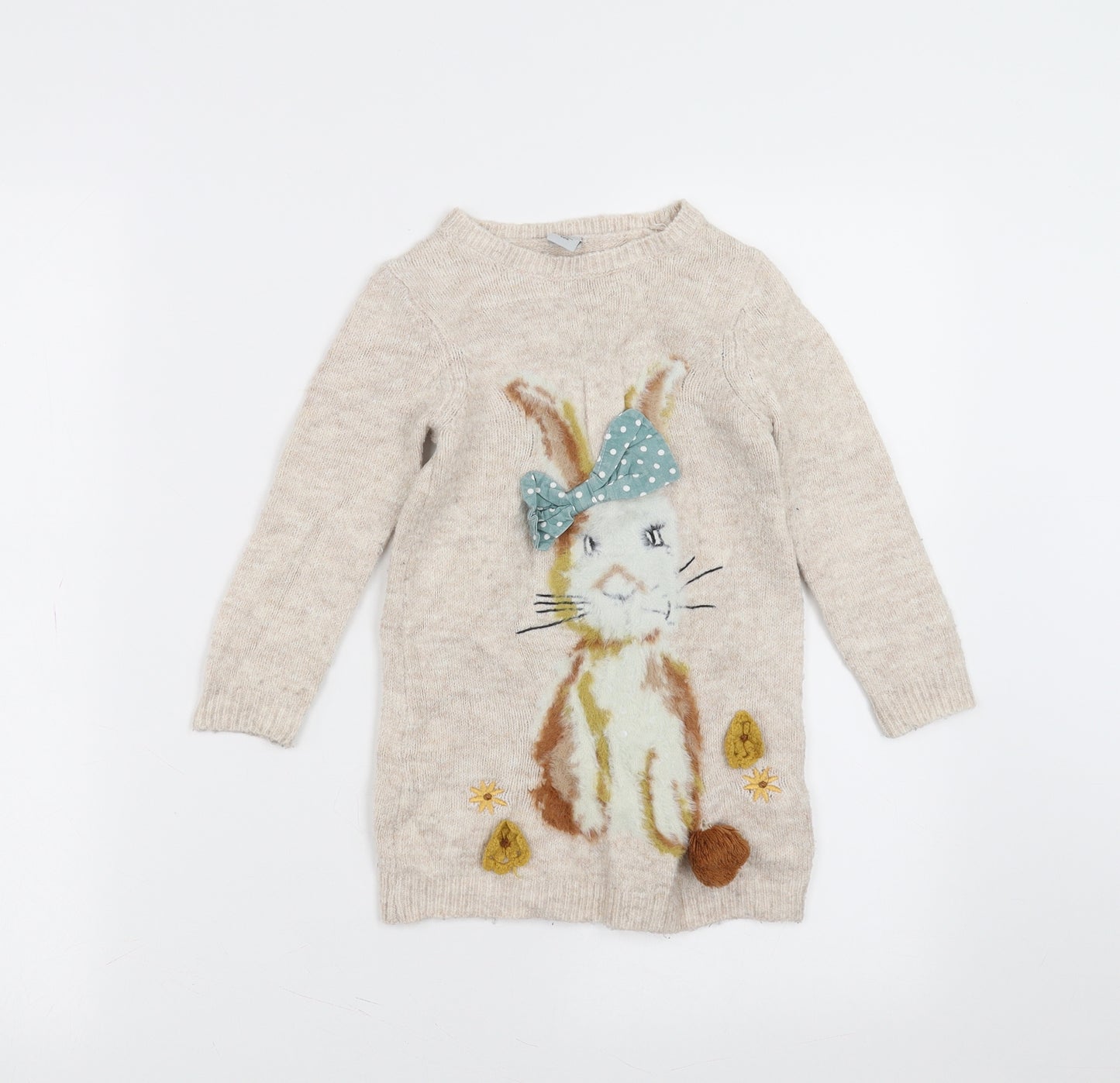 Sainsburys  Girls Beige  Knit Jumper Dress  Size 18-24 Months  - rabbit