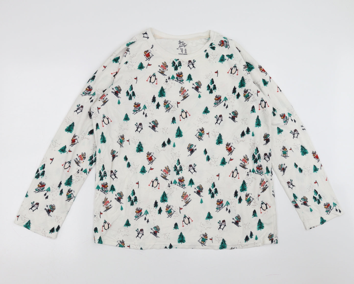 Primark Womens White Solid Fleece Top Pyjama Top Size 12  - skiing animals