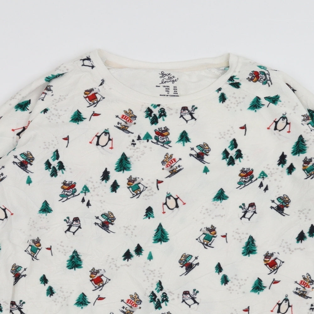 Primark Womens White Solid Fleece Top Pyjama Top Size 12  - skiing animals