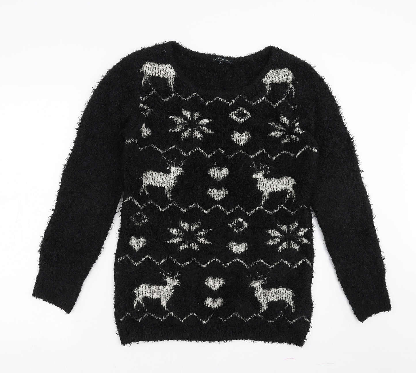 Heart & Soul Womens Black Geometric  Pullover Jumper Size 12  - fluffy