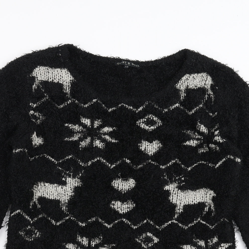 Heart & Soul Womens Black Geometric  Pullover Jumper Size 12  - fluffy