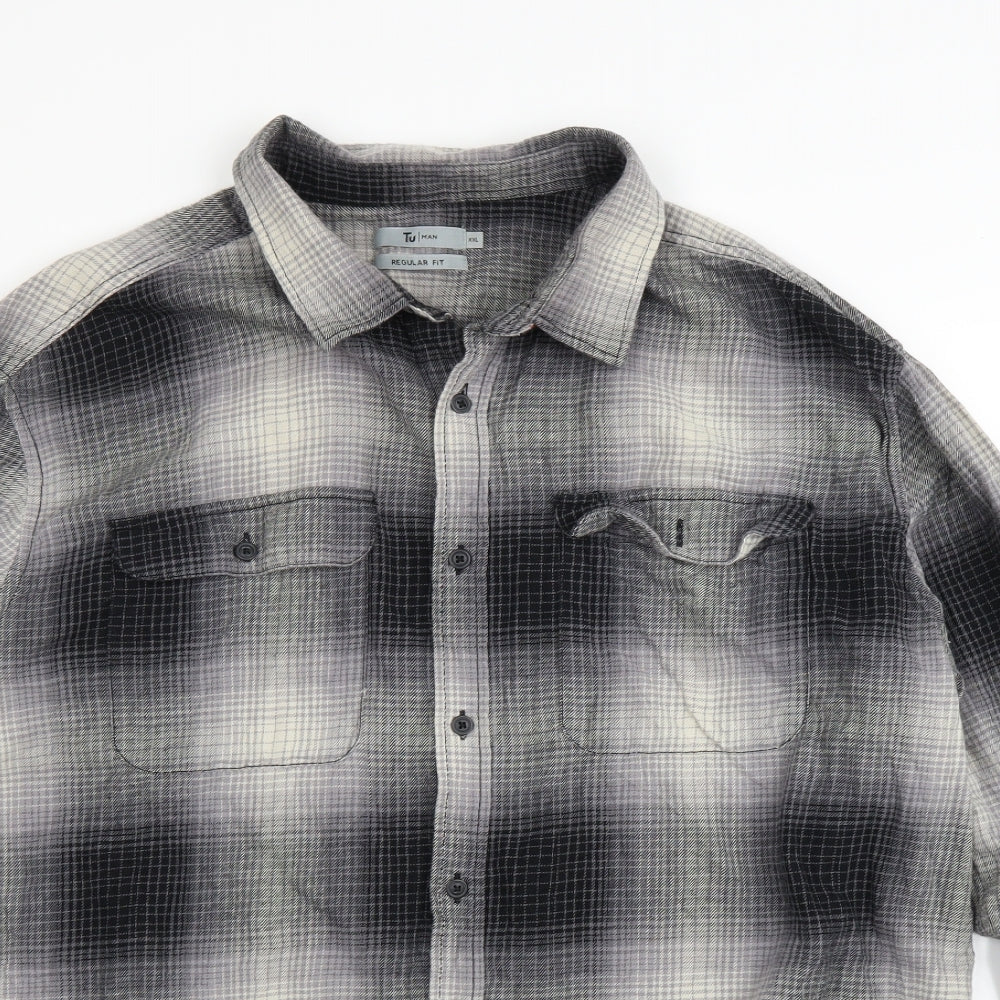 TU Mens Grey Plaid   Button-Up Size 2XL
