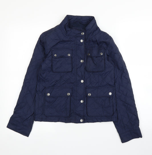 Front view of Gap boys’ blue quilted coat, size 12, years
