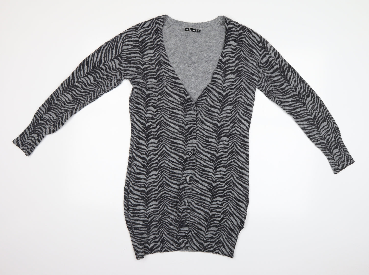 inItial Womens Grey Animal Print  Cardigan Jumper Size M