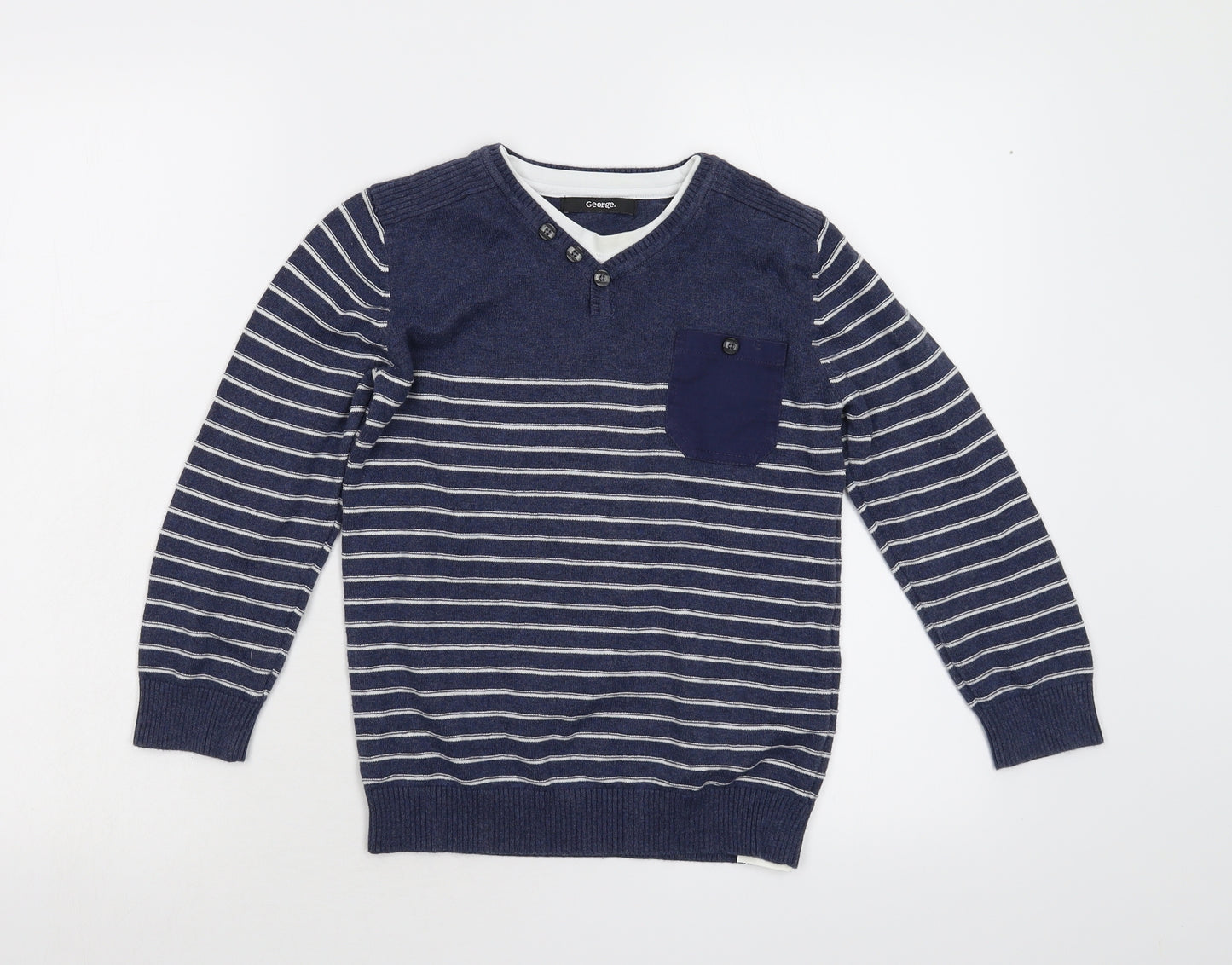 George Boys Blue Striped Knit Pullover Jumper Size 8-9 Years