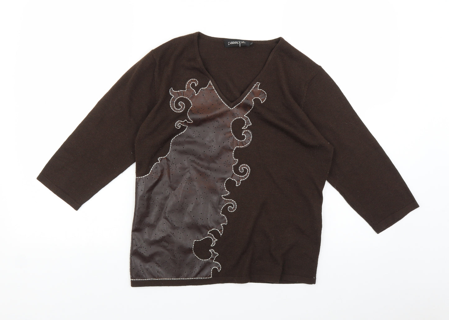 Passport Womens Brown   Basic Blouse Size L  - Applique