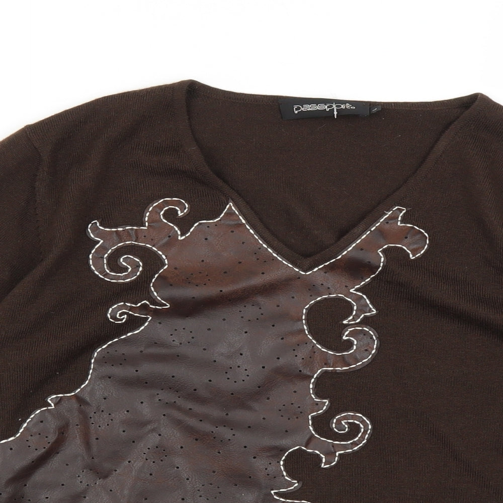 Passport Womens Brown   Basic Blouse Size L  - Applique