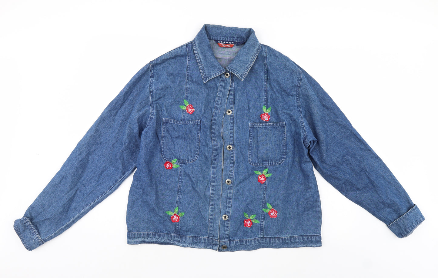 Asazy Womens Blue Floral Denim Basic Button-Up Size L