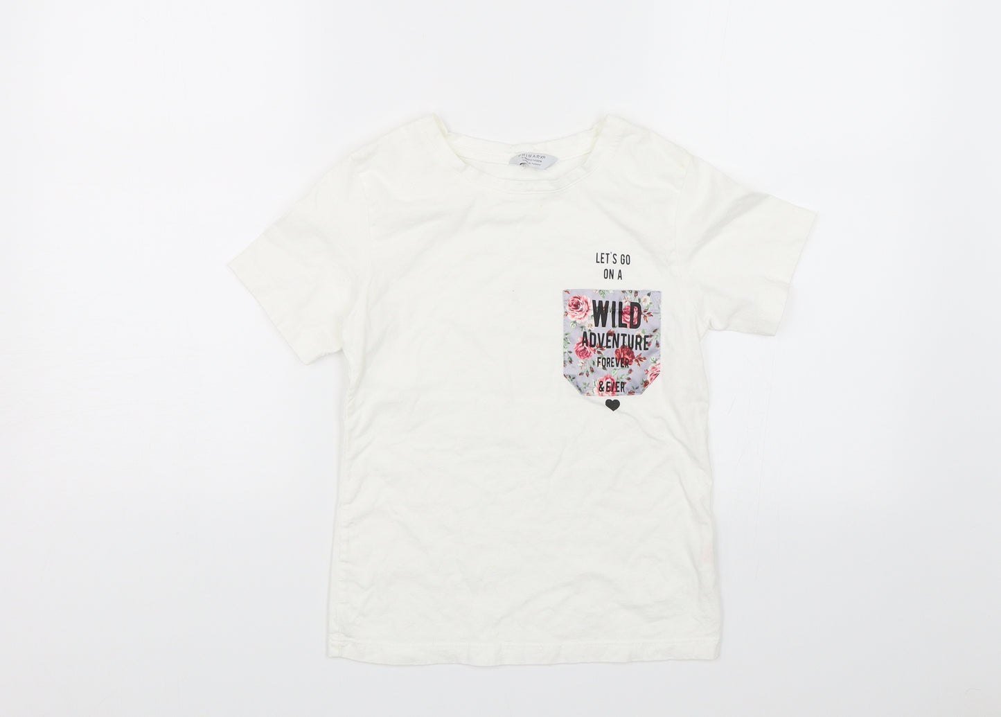 Primark Girls White   Basic T-Shirt Size 9-10 Years  - Lets go on a wild adventure
