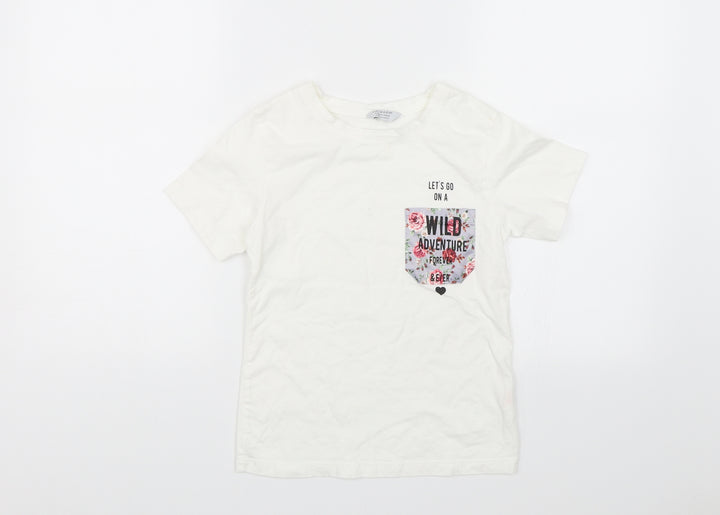 Primark Girls White   Basic T-Shirt Size 9-10 Years  - Lets go on a wild adventure
