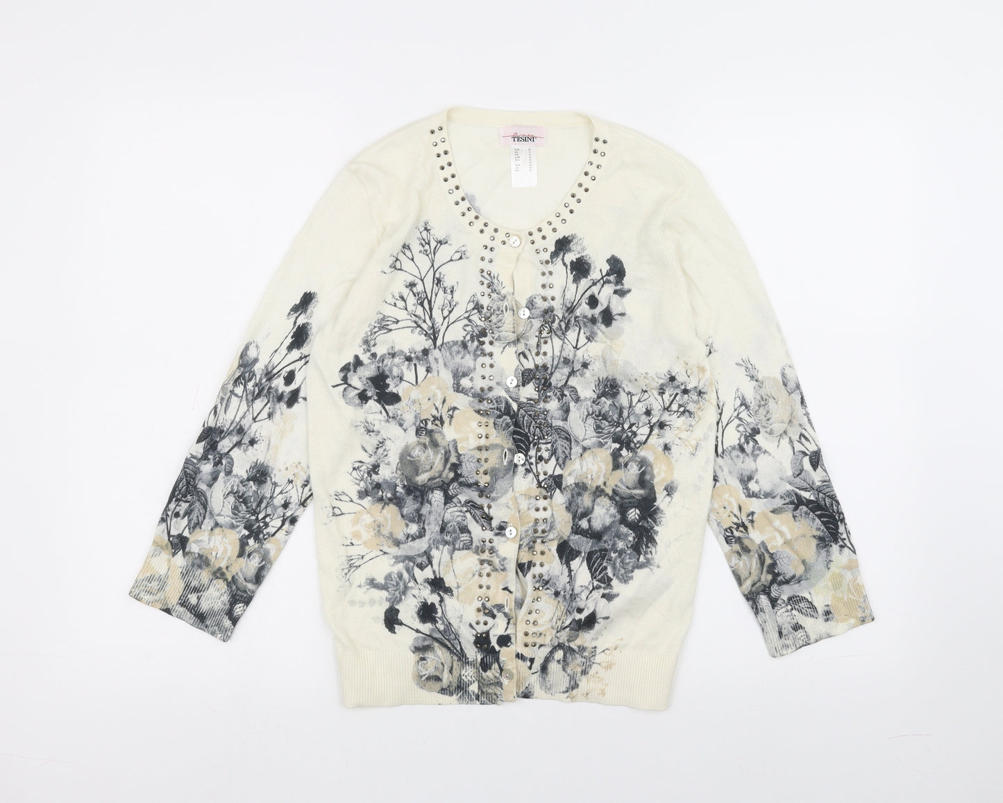 Tesini Womens White Floral  Cardigan Jumper Size 10