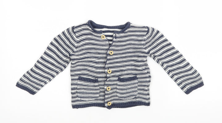 M&S Baby Blue Striped Cardigan Jumper Size 9-12 Months