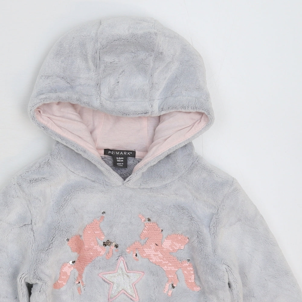 Primark Girls Grey  Fleece Pullover Hoodie Size 5-6 Years
