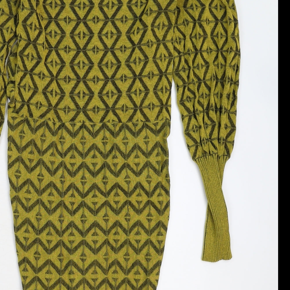 Zara Womens Yellow Geometric Knit Jumper Dress  Size M