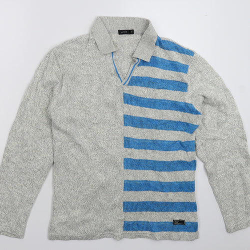 Octave Mens Grey Striped Knit Pullover Jumper Size M