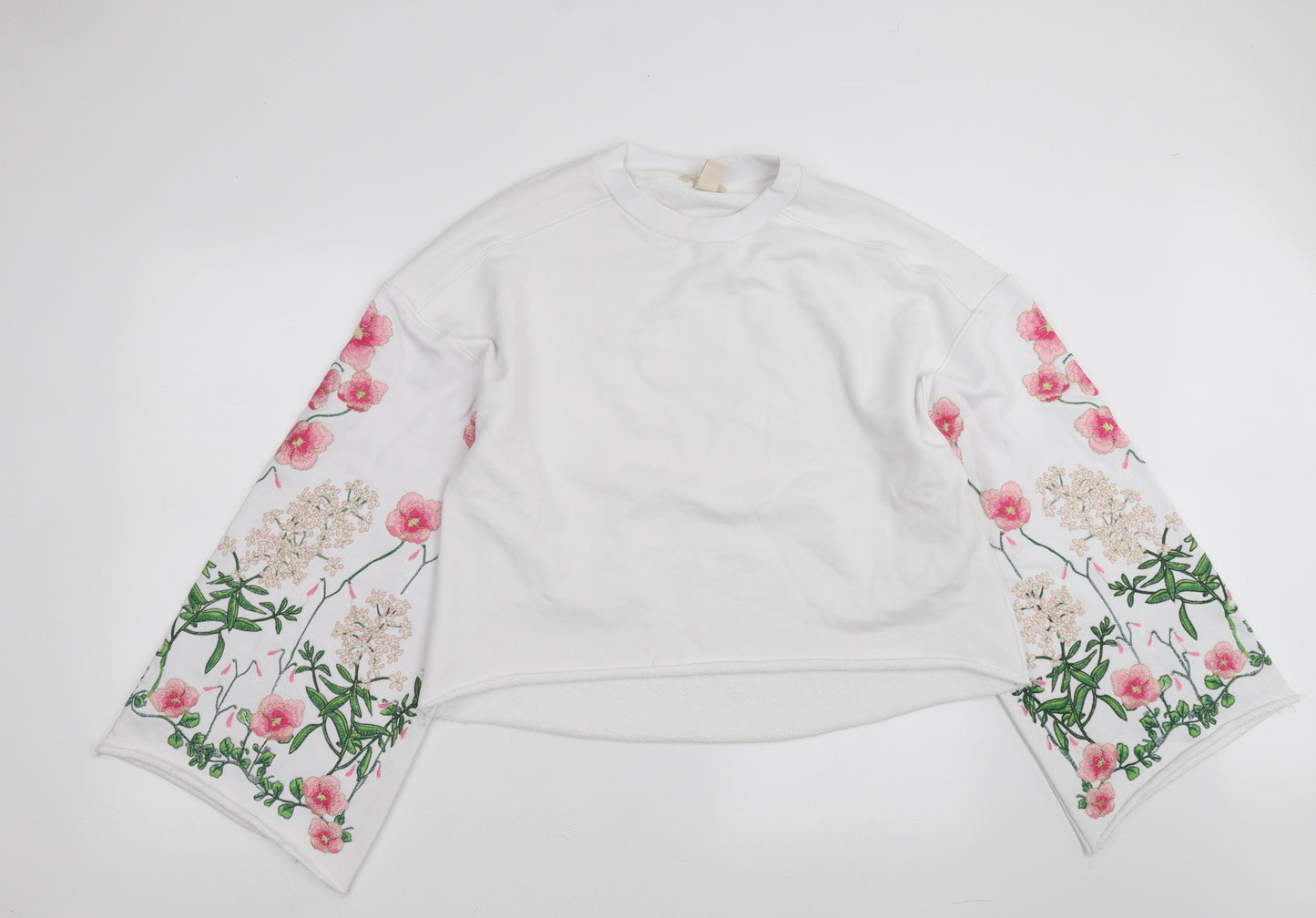 H&M Womens White Floral  Pullover Sweatshirt Size 14  - Floral embroidery