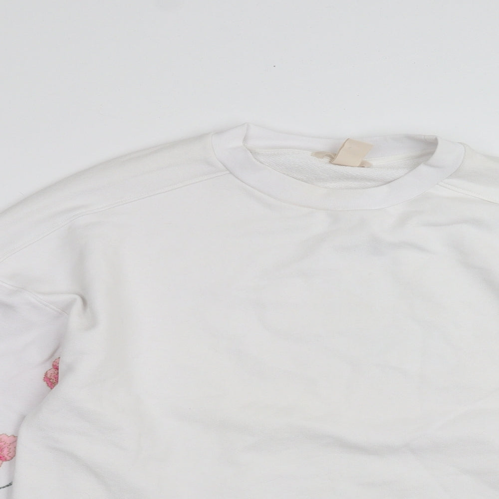 H&M Womens White Floral  Pullover Sweatshirt Size 14  - Floral embroidery