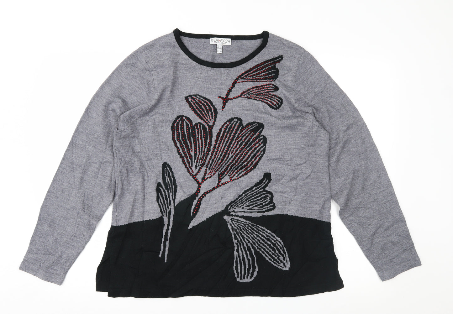 Meri-Esca Womens Grey Floral  Pullover Jumper Size 16
