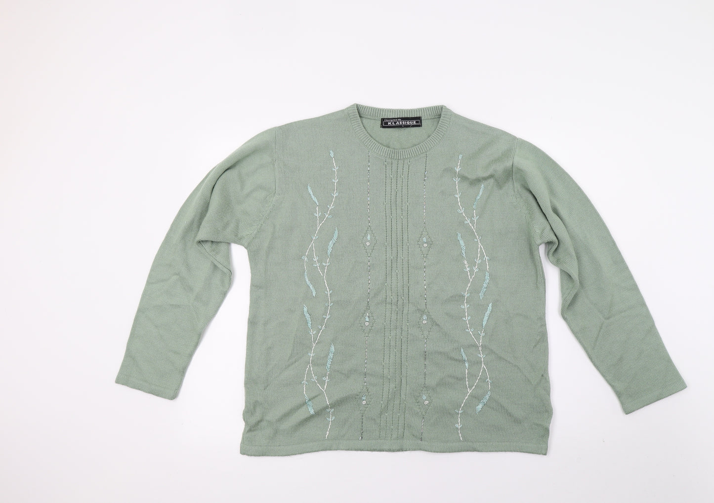 Klassique Womens Green Floral Knit Pullover Jumper Size L