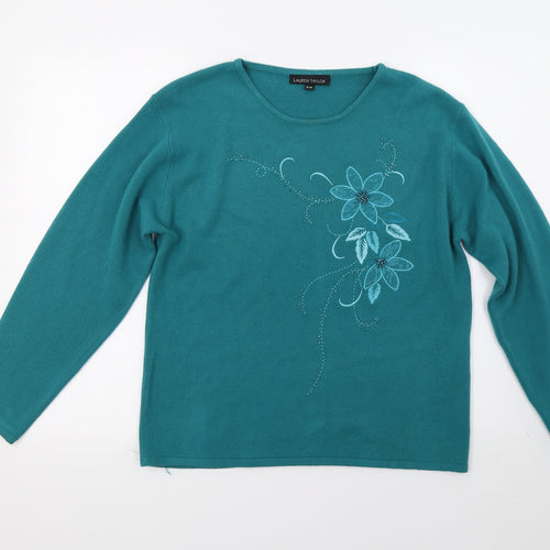 Lauren taylor Womens Green Floral Knit Pullover Jumper Size M