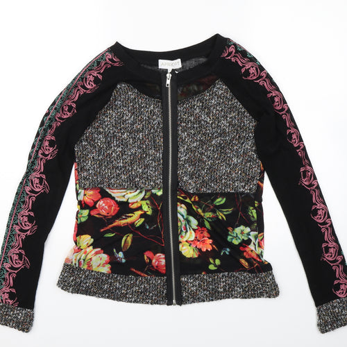 Apricot Womens Black Floral  Full Zip Sweatshirt Size 8