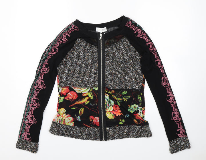 Apricot Womens Black Floral  Full Zip Sweatshirt Size 8