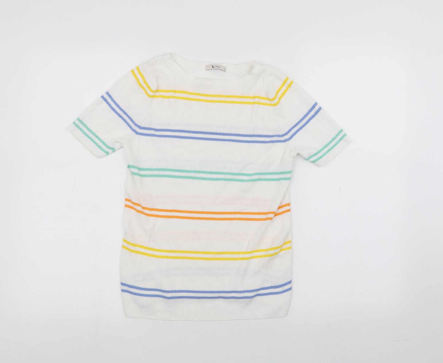 TU Womens White Striped  Basic T-Shirt Size 14