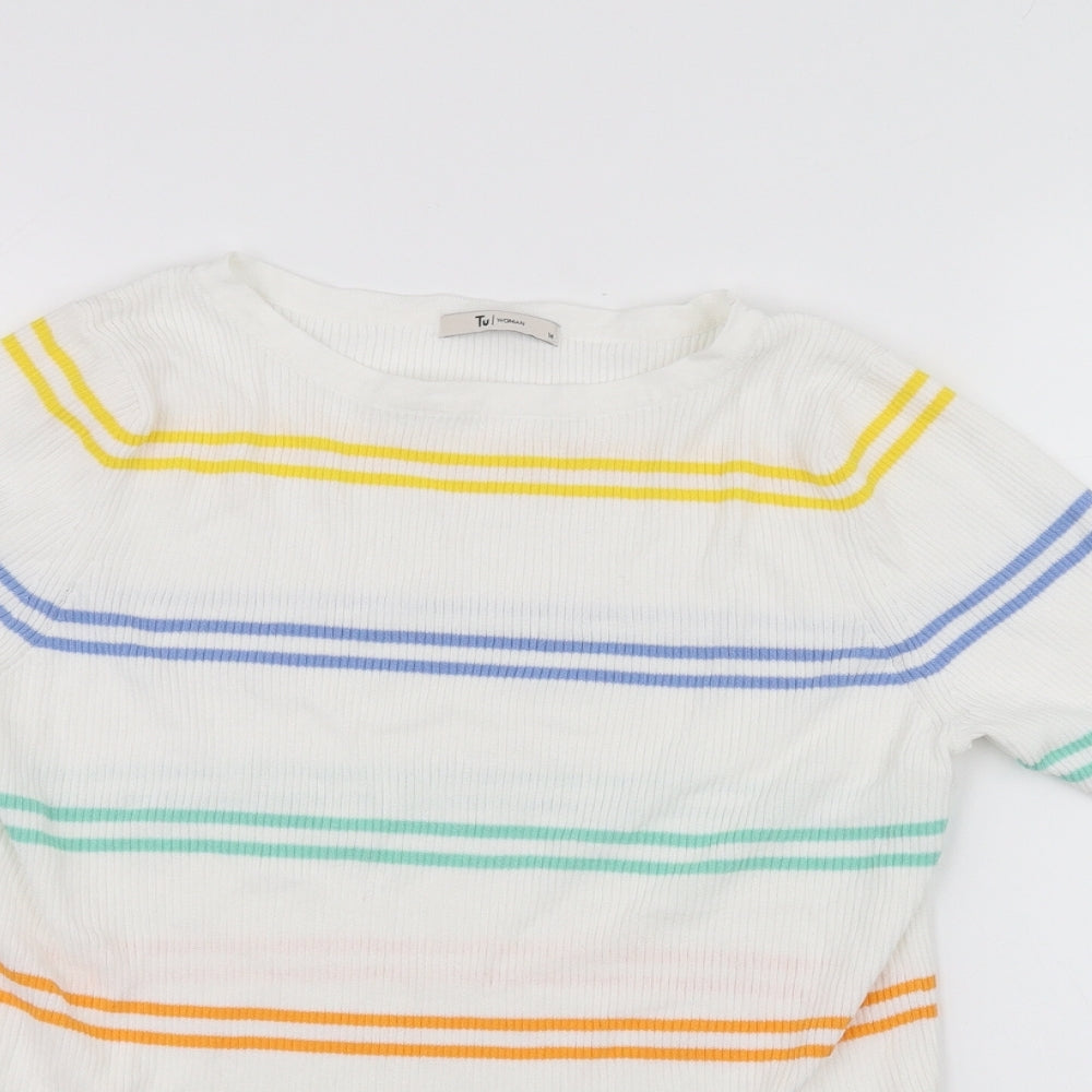TU Womens White Striped  Basic T-Shirt Size 14