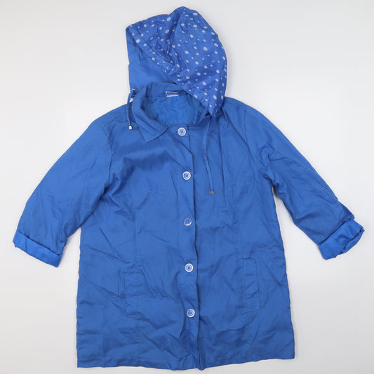 Front view of Preworn women’s blue rain coat jacket, size M