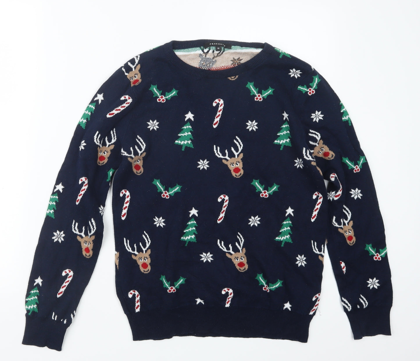 Peacocks Womens Blue Geometric Knit Pullover Jumper Size 12  - Christmas