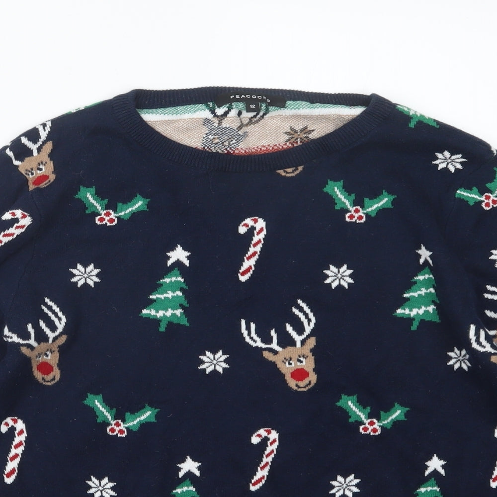 Peacocks Womens Blue Geometric Knit Pullover Jumper Size 12  - Christmas