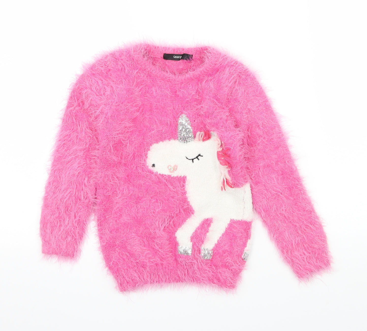 George Girls Pink  Knit Pullover Jumper Size 4-5 Years  - Unicorn