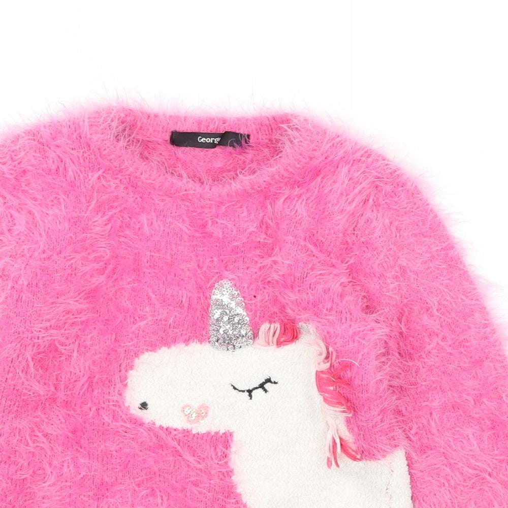 George Girls Pink  Knit Pullover Jumper Size 4-5 Years  - Unicorn