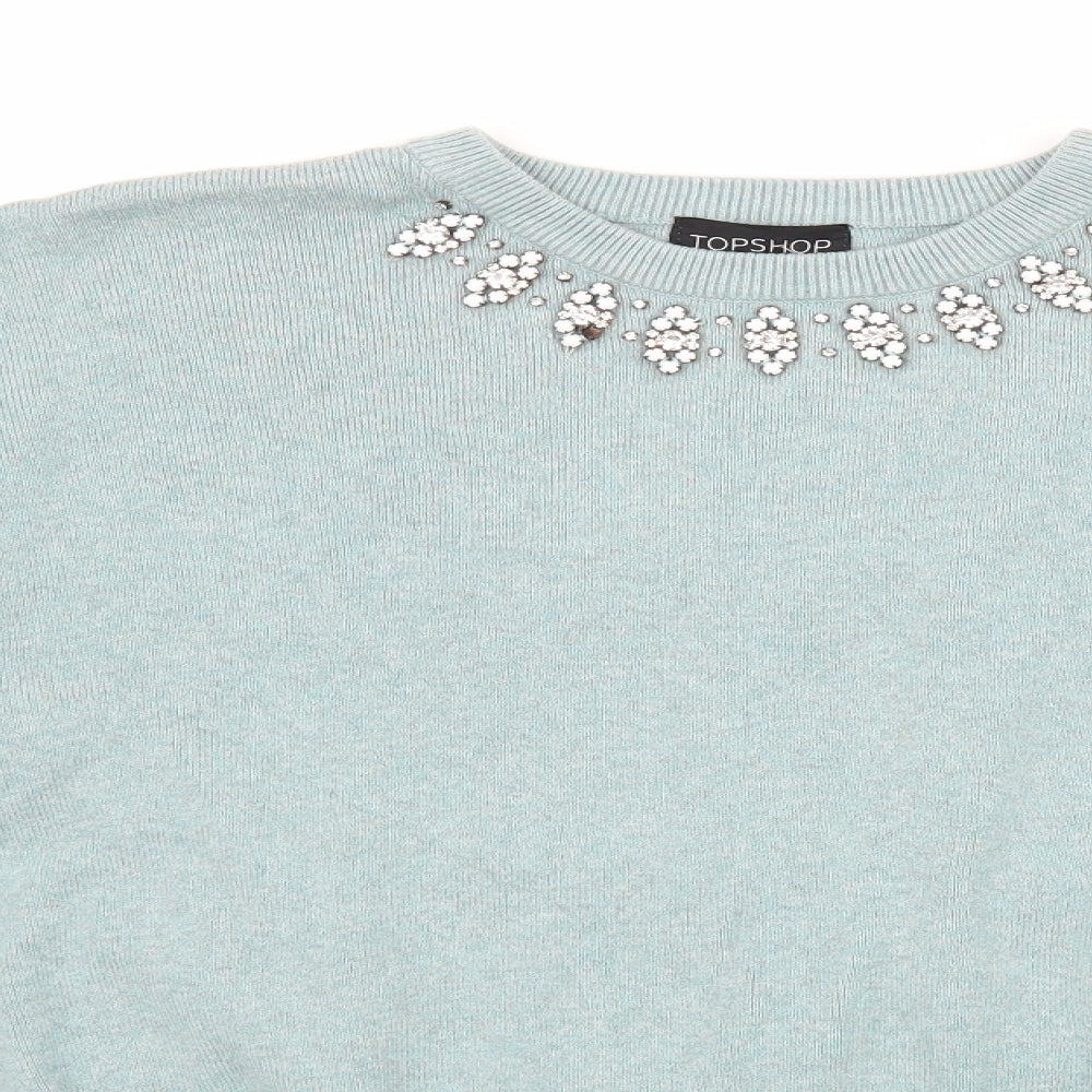 Topshop Womens Blue  Knit Pullover Jumper Size 12  - Embellished Neckline