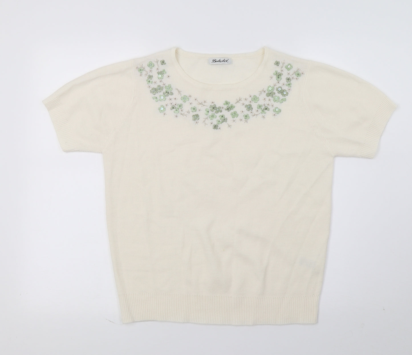 Berkertex Womens Ivory Floral Knit Basic T-Shirt Size 10