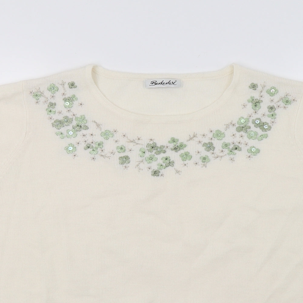 Berkertex Womens Ivory Floral Knit Basic T-Shirt Size 10