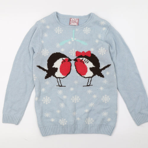 Grabal  Girls Blue Geometric Knit Pullover Jumper Size 9-10 Years  - Christams
