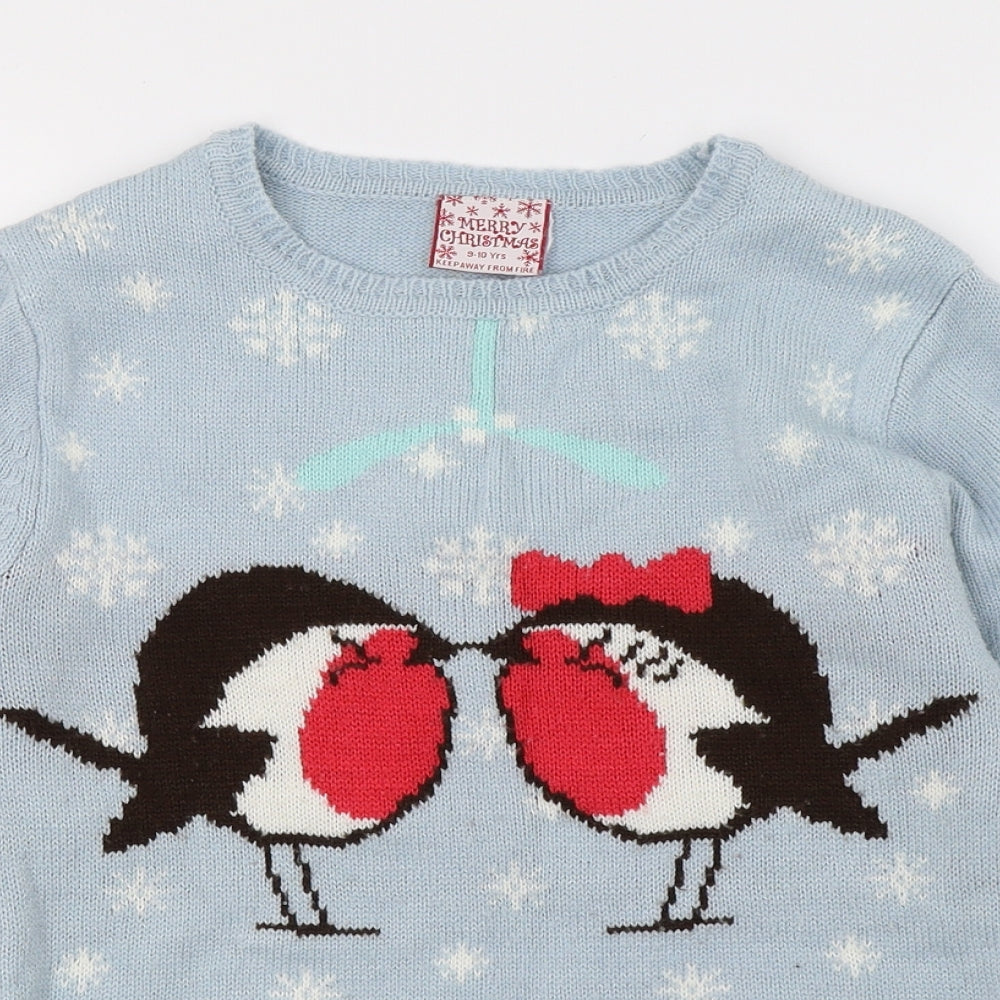 Grabal  Girls Blue Geometric Knit Pullover Jumper Size 9-10 Years  - Christams