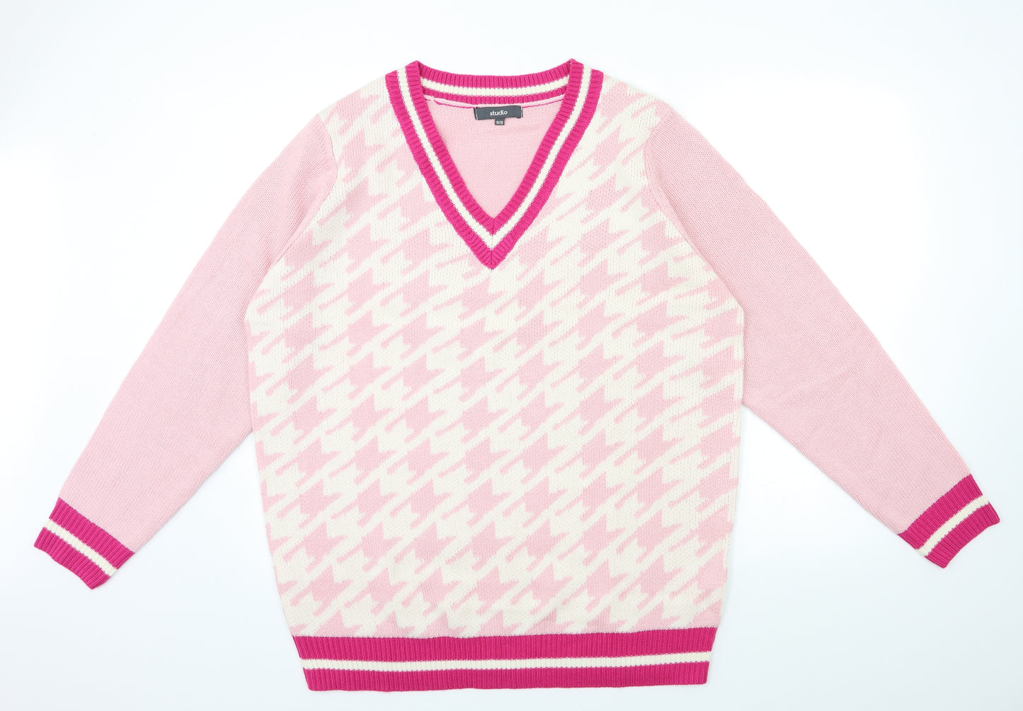 Studio 1 Womens Pink Houndstooth Knit Pullover Jumper Size 16